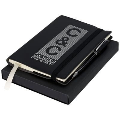 Branded Promotional ARIA NOTE BOOK with Pen Gift Set in Black Solid Pen From Concept Incentives.