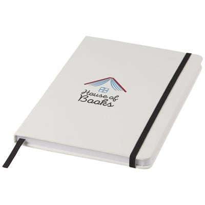 Branded Promotional SPECTRUM A5 WHITE NOTE BOOK with Colour Strap in Black Jotter From Concept Incentives.