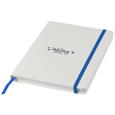 Branded Promotional SPECTRUM A5 WHITE NOTE BOOK with Colour Strap in Blue Jotter From Concept Incentives.