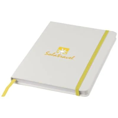 Branded Promotional SPECTRUM A5 WHITE NOTE BOOK with Colour Strap in Black Jotter From Concept Incentives.