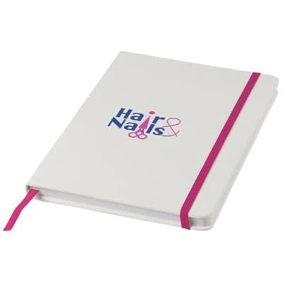 Branded Promotional SPECTRUM A5 WHITE NOTE BOOK with Colour Strap in Pink Jotter From Concept Incentives.