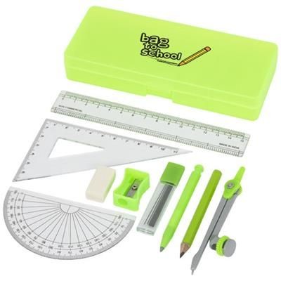 Branded Promotional JULIA 9-PIECE SCHOOL GEOMETRY SET in Green Pen From Concept Incentives.