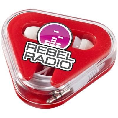 Branded Promotional REBEL EARBUDS in Red-white Solid Earphones From Concept Incentives.