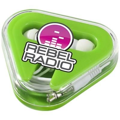 Branded Promotional REBEL EARBUDS in Lime-white Solid Earphones From Concept Incentives.