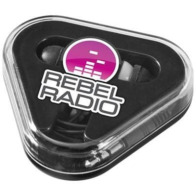 Branded Promotional REBEL EARBUDS in Black Solid-white Solid Earphones From Concept Incentives.