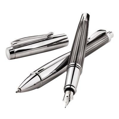 Branded Promotional NOBLESSE ELEGANT METAL BALL PEN & FOUNTAIN PEN DESK SET in Silver & Black Pen Set From Concept Incentives.