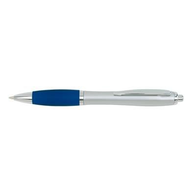 Branded Promotional SWAY BALL PEN in Silver with Blue Rubber Grip Pen From Concept Incentives.