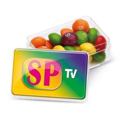 Branded Promotional MIDI RECTANGULAR SKITTLES POT Sweets From Concept Incentives.