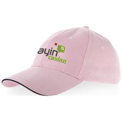 Branded Promotional CHALLENGE 6 PANEL SANDWICH CAP in Pink Baseball Cap From Concept Incentives.