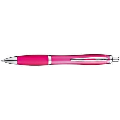 Branded Promotional CLEAR TRANSPARENT BALL PEN with Rubber Grip in Pink Pen From Concept Incentives.