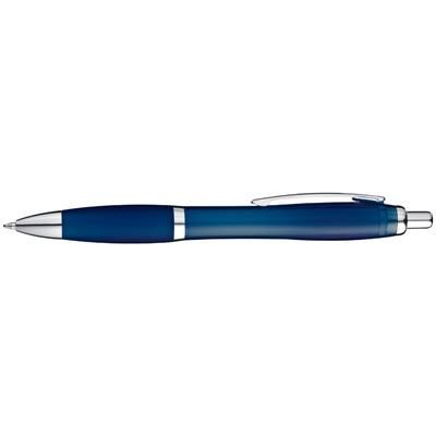 Branded Promotional CLEAR TRANSPARENT BALL PEN with Rubber Grip in Dark Blue Pen From Concept Incentives.