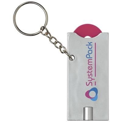 Branded Promotional ALLEGRO LED KEYRING CHAIN LIGHT with Coin Holder in Magenta-silver Torch From Concept Incentives.