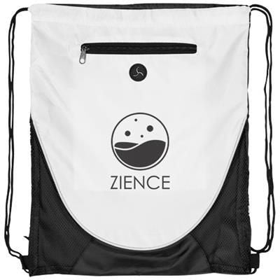 Branded Promotional PEEK ZIPPERED POCKET DRAWSTRING BACKPACK RUCKSACK in White Solid Bag From Concept Incentives.