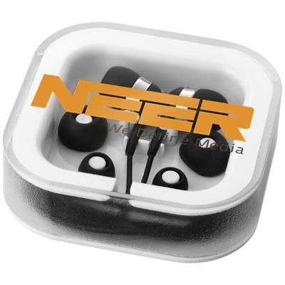 Branded Promotional SARGAS EARBUDS with Microphone in Black Solid Earphones From Concept Incentives.