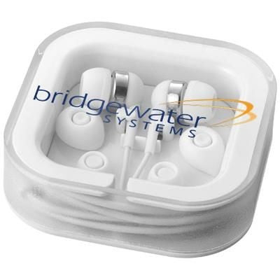 Branded Promotional SARGAS EARBUDS with Microphone in White Solid Earphones From Concept Incentives.
