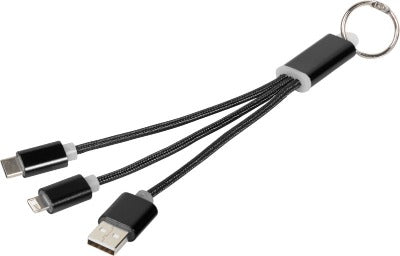 Branded Promotional METAL 3-IN-1 CHARGER CABLE with Keyring Chain in Black Cable From Concept Incentives.