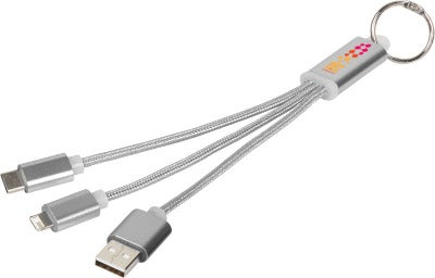 Branded Promotional METAL 3-IN-1 CHARGER CABLE with Keyring Chain in Silver Cable From Concept Incentives.