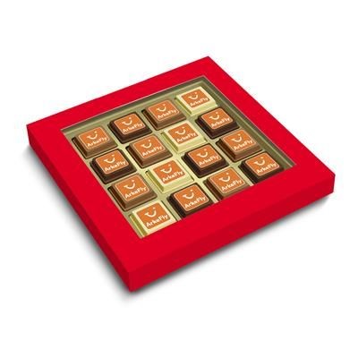 Branded Promotional CLEAR TRANSPARENT LIDDED BOX with 16 Printed Belgian Praline Chocolate From Concept Incentives.