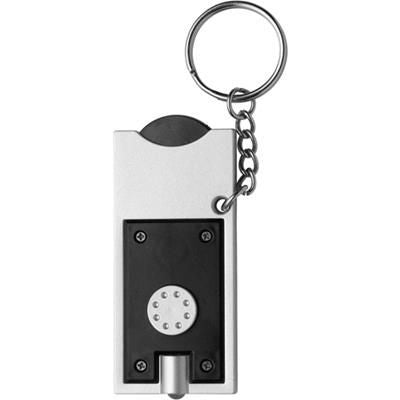 Branded Promotional PLASTIC KEYRING TORCH LIGHT & TROLLEY COIN in Silver & Black Keyring From Concept Incentives.