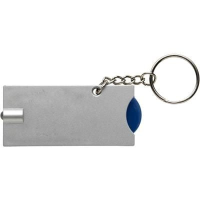 Branded Promotional PLASTIC KEYRING TORCH LIGHT & TROLLEY COIN in Silver & Blue Keyring From Concept Incentives.