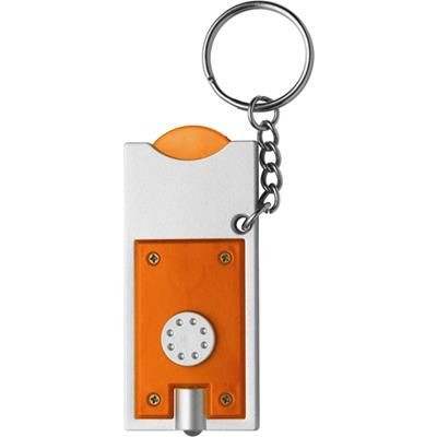 Branded Promotional PLASTIC KEYRING TORCH LIGHT & TROLLEY COIN in Silver & Orange Keyring From Concept Incentives.