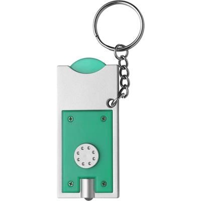 Branded Promotional PLASTIC KEYRING TORCH LIGHT & TROLLEY COIN in Silver & Light Green Keyring From Concept Incentives.