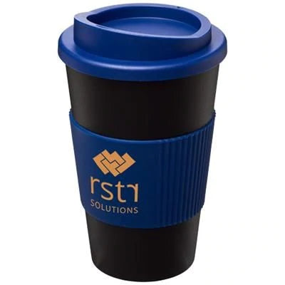 Branded Promotional AMERICANO¬Æ 350 ML THERMAL INSULATED TUMBLER with Grip in Black Solid Travel Mug From Concept Incentives.