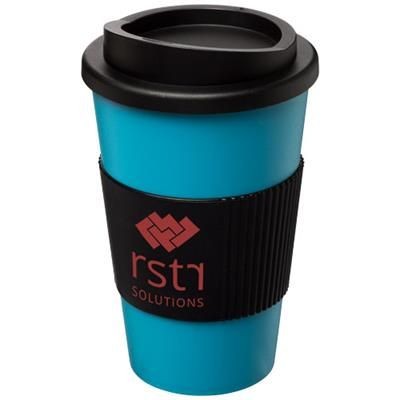 Branded Promotional AMERICANO¬Æ 350 ML THERMAL INSULATED TUMBLER with Grip in Aqua Blue-black Solid Travel Mug From Concept Incentives.