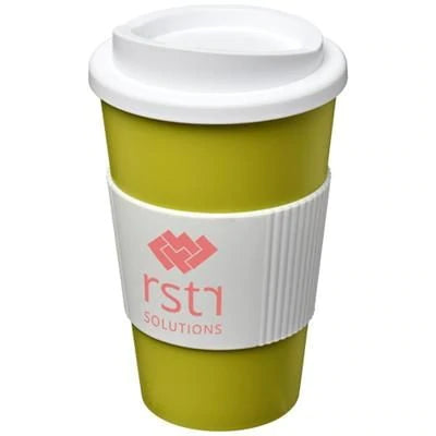 Branded Promotional AMERICANO¬Æ 350 ML THERMAL INSULATED TUMBLER with Grip in Lime-black Solid Travel Mug From Concept Incentives.