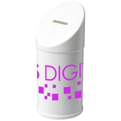Branded Promotional HEBA PLASTIC CHARITY COLLECTOR CONTAINER in White Solid Money Box From Concept Incentives.