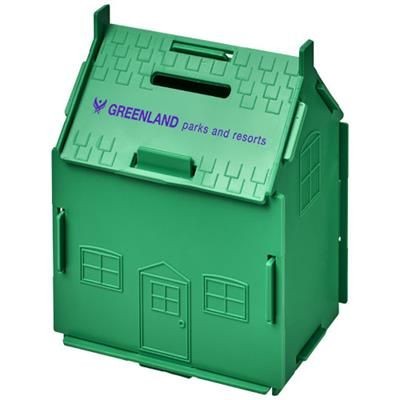 Branded Promotional URI HOUSE-SHAPED PLASTIC MONEY CONTAINER in Green Money Box From Concept Incentives.