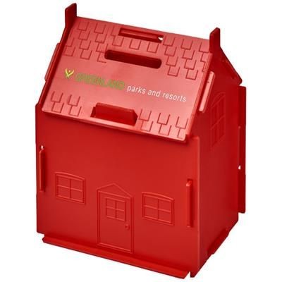 Branded Promotional URI HOUSE-SHAPED PLASTIC MONEY CONTAINER in Red Money Box From Concept Incentives.