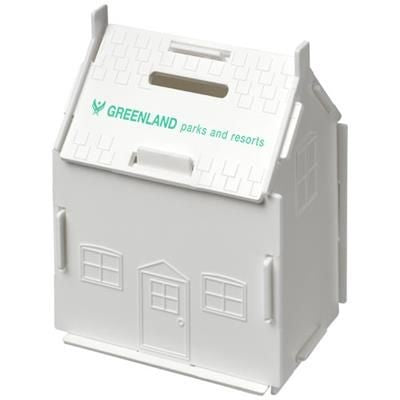 Branded Promotional URI HOUSE-SHAPED PLASTIC MONEY CONTAINER in White Solid Money Box From Concept Incentives.