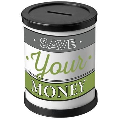 Branded Promotional RAFI ROUND MONEY CONTAINER in Black Solid Money Box From Concept Incentives.