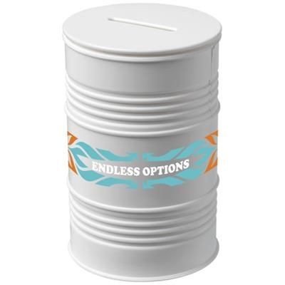 Branded Promotional BANC OIL DRUM MONEY POT in White Solid Money Box From Concept Incentives.