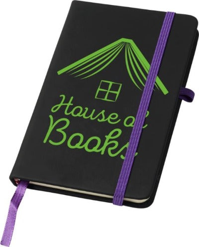 Branded Promotional NOIR A6 NOTE BOOK in Black and Purple Jotter From Concept Incentives.