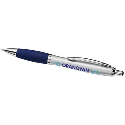 Branded Promotional CURVY BALL PEN with Metal Barrel in Silver-blue Pen From Concept Incentives.