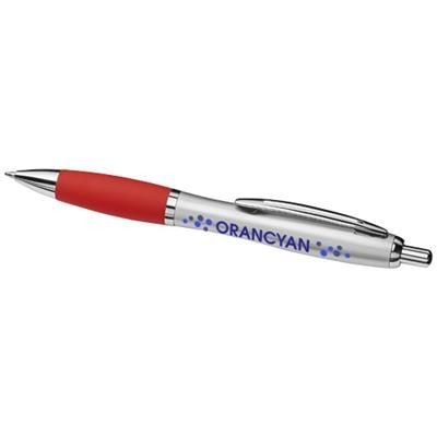 Branded Promotional CURVY BALL PEN with Metal Barrel in Silver-red Pen From Concept Incentives.