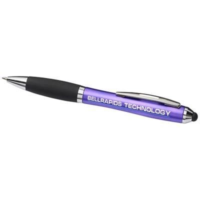 Branded Promotional CURVY STYLUS BALL PEN in Black Solid-purple Pen From Concept Incentives.
