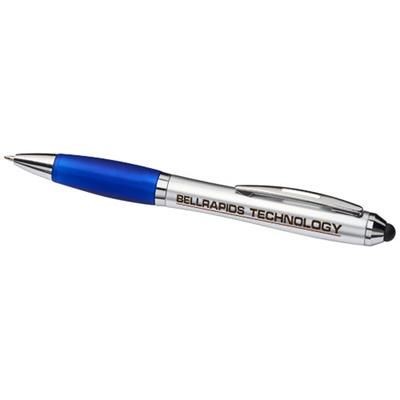 Branded Promotional CURVY STYLUS BALL PEN in Silver-blue Pen From Concept Incentives.