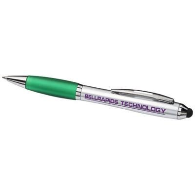 Branded Promotional CURVY STYLUS BALL PEN in Silver-green Pen From Concept Incentives.