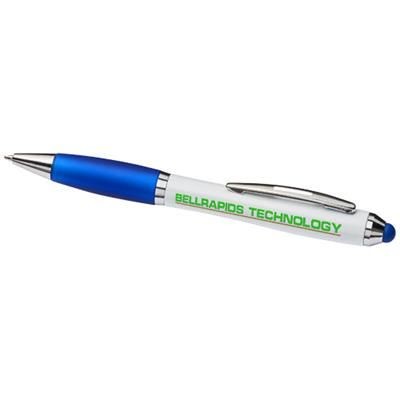 Branded Promotional CURVY STYLUS BALL PEN in White Solid-blue Pen From Concept Incentives.