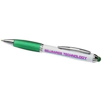Branded Promotional CURVY STYLUS BALL PEN in White Solid-green Pen From Concept Incentives.