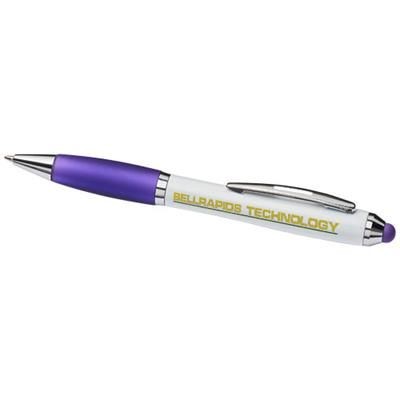 Branded Promotional CURVY STYLUS BALL PEN in White Solid-purple Pen From Concept Incentives.