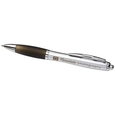 Branded Promotional CURVY BALL PEN in Silver-charcoal Pen From Concept Incentives.