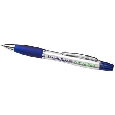 Branded Promotional CURVY BALL PEN with Highlighter in Silver-blue Pen From Concept Incentives.