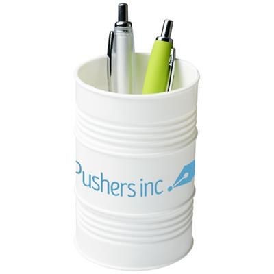 Branded Promotional BARDO OIL DRUM STYLE PLASTIC PEN POT in White Solid Pen Pot From Concept Incentives.