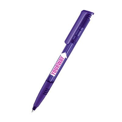 Branded Promotional SENATOR SUPER HIT CLEAR TRANSPARENT PLASTIC BALL PEN with Soft Grip in Purple Pen From Concept Incentives.