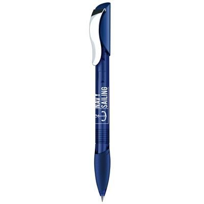 Branded Promotional SENATOR HATTRIX CLEAR TRANSPARENT PLASTIC BALL PEN with Metal Clip & Soft Grip in Dark Blue Pen From Concept Incentives.