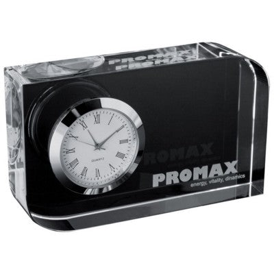 Branded Promotional GLASS DESK STAND with Small Clock Clock From Concept Incentives.